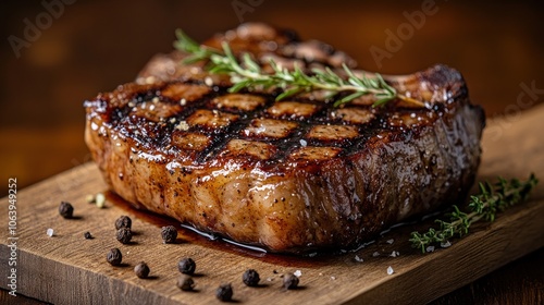 A perfectly cooked steak on a wooden cutting board with rosemary sprigs and peppercorns.