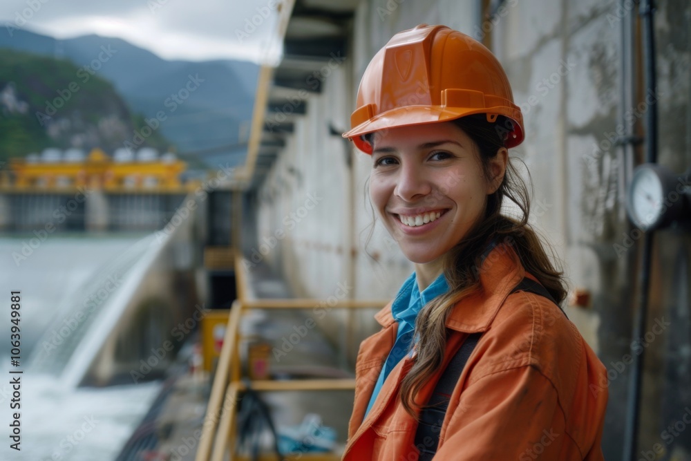 Portrait of a smiling young Hispanic female engineer at hydroelectric plant Portrait of a smiling young Hispanic female engineer at hydroelectric plant