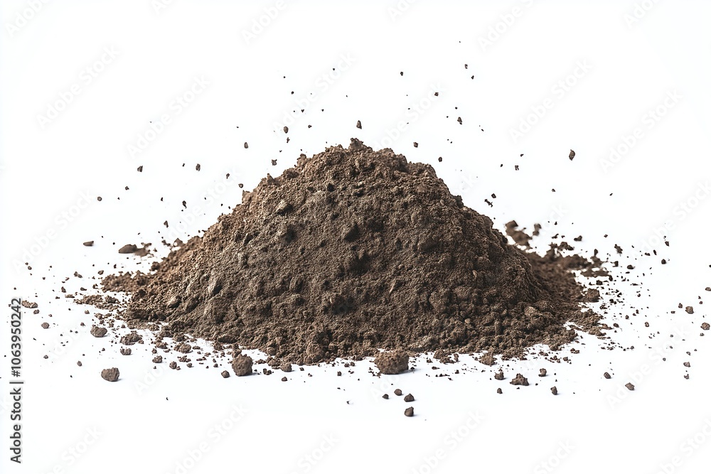Brown soil mound scattered on white background, speckled with small black particles. Rich earthy tones contrast with clean white surface, making mound the focal point.
