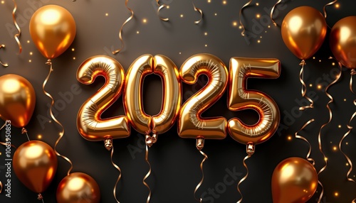 Festive scene with gray background featuring gold foil balloons in various sizes. Large gold number 2025 floats in air. Happy New Year banner adds to celebration. Balloons, lights, floating number