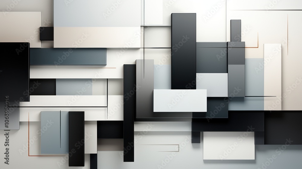 Abstract geometric composition with layered rectangles in varying shades of black and white. Abstract geometric composition with layered rectangles in varying shades of black and white.