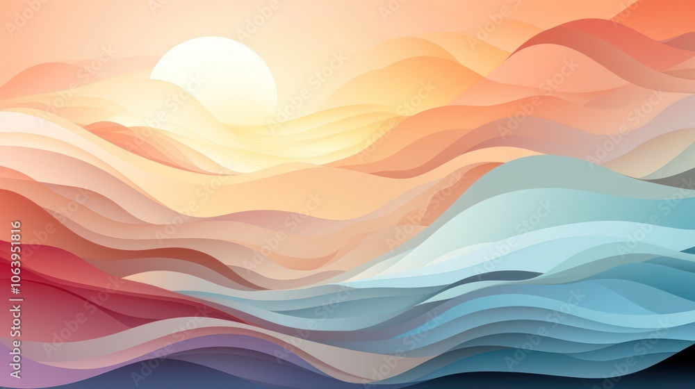 Abstract landscape illustration featuring flowing waves and a rising sun in warm colors. Abstract landscape illustration featuring flowing waves and a rising sun in warm colors.