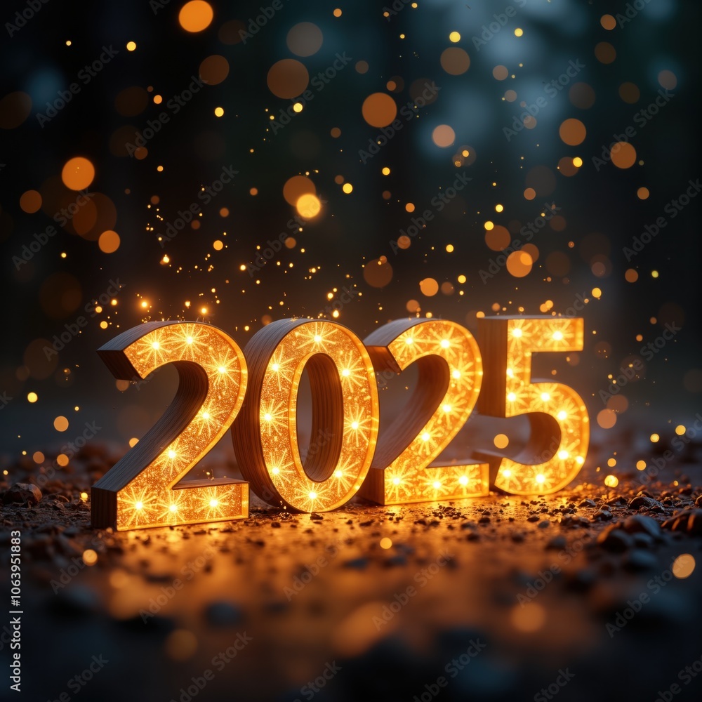 Golden numbers 2025 float in soft on black background. Orange, green specks create warm, glowing atmosphere. Gradient of black, orange colors complements golden numbers. Elegant, festive, shining Golden numbers 2025 float in soft on black background. Orange, green specks create warm, glowing atmosphere. Gradient of black, orange colors complements golden numbers. Elegant, festive, shining
