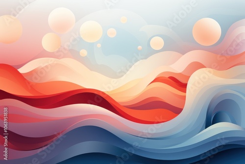 Abstract wavy landscape with soft colors and circular shapes, evoking tranquility and beauty.