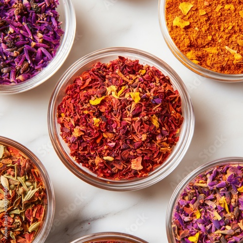 Assorted colorful spices in small glass bowls on a white marble background.