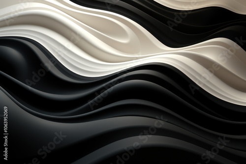 Abstract wavy design in black, white, and cream tones, creating a fluid visual texture.