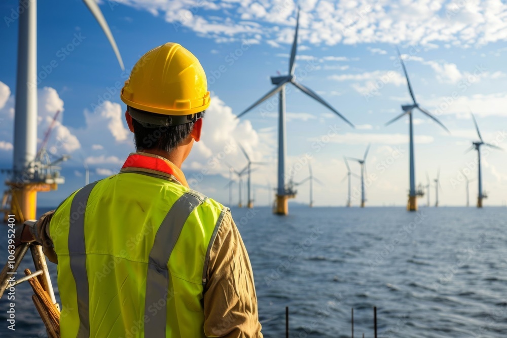 Construction worker is overlooking a wind turbine ocean farm Construction worker is overlooking a wind turbine ocean farm