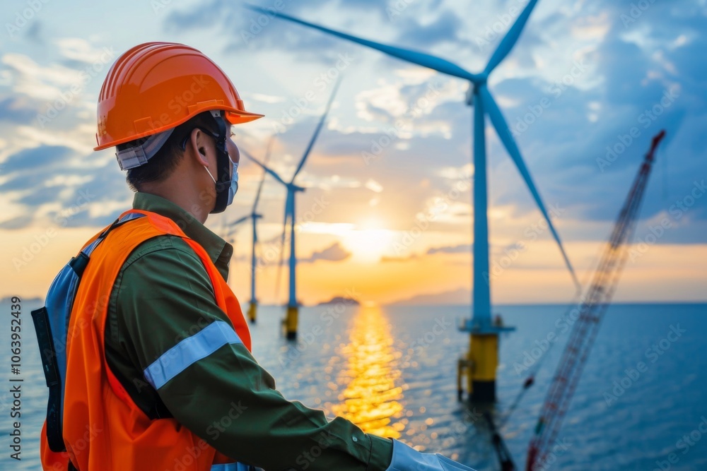 Construction worker is overlooking a wind turbine ocean farm Construction worker is overlooking a wind turbine ocean farm