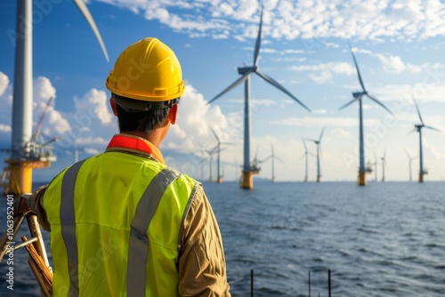 Construction worker is overlooking a wind turbine ocean farm