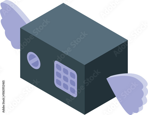 Secure money transfer concept illustrated by a strongbox with wings, representing fast and safe transactions