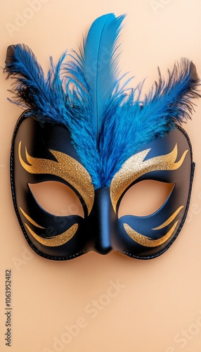 Black and blue masquerade mask with feathers on a peach background.