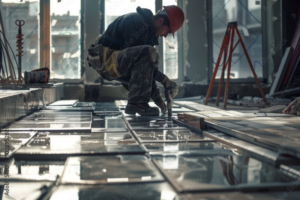 Craftsman precisely installing floor tiles at a construction site Craftsman precisely installing floor tiles at a construction site