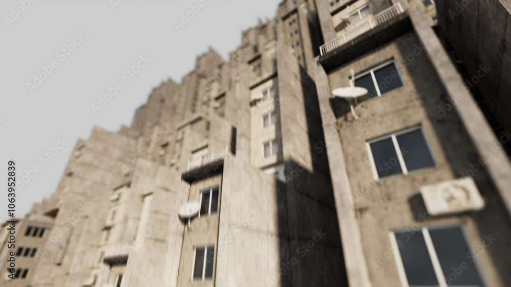 Urban Density: Aerial View of Massive Brutalist Residential Complex with Repetitive Concrete Facades, Highlighting Urban Density, Monolithic Architecture, and Retro-Futuristic Design Aesthetics Urban Density: Aerial View of Massive Brutalist Residential Complex with Repetitive Concrete Facades, Highlighting Urban Density, Monolithic Architecture, and Retro-Futuristic Design Aesthetics