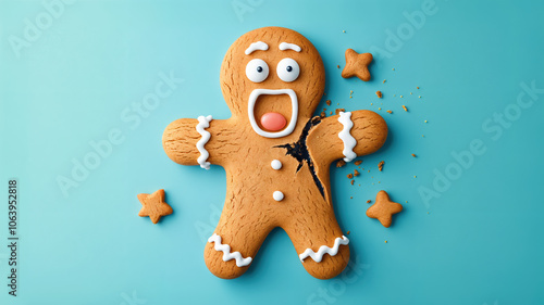 cracked gingerbread man cookie with surprised expression on blue background