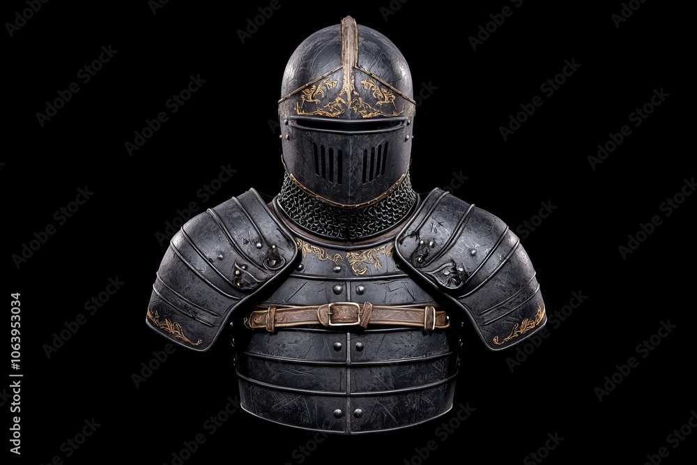 Detail of a suit of armor displayed on a mannequin that can be used to depict historical reenactments or as an example of medieval culture. Detail of a suit of armor displayed on a mannequin that can be used to depict historical reenactments or as an example of medieval culture.