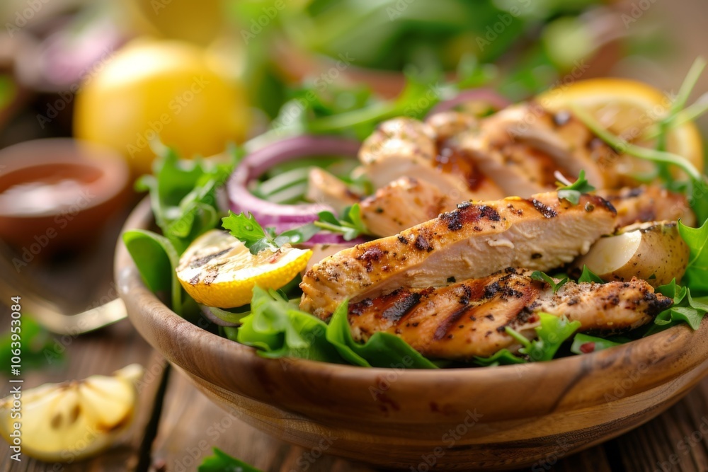 Grilled lemon herb chicken salad in a bowl on table Grilled lemon herb chicken salad in a bowl on table