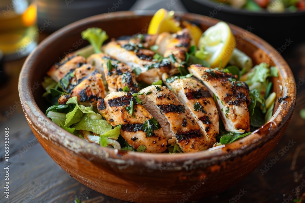 Grilled lemon herb chicken salad in a bowl on table Grilled lemon herb chicken salad in a bowl on table