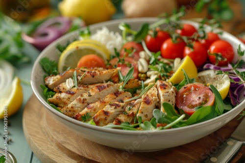 Grilled lemon herb chicken salad in a bowl on table