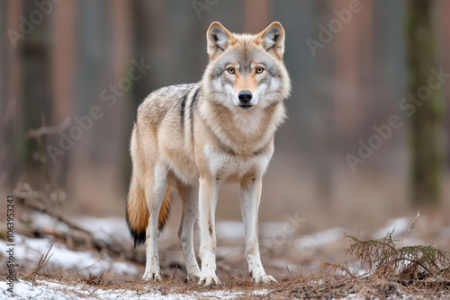 Standing wolf with dirty fur on wet ground in forest, taken from a high angle