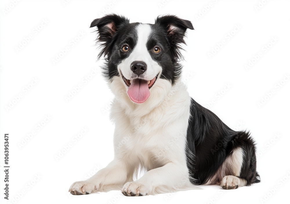 A black and white Border Collie is panting and looking at the camera in this head shot A black and white Border Collie is panting and looking at the camera in this head shot