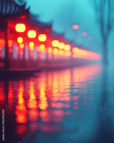 Blurred view of red lanterns reflected in water during a foggy evening.