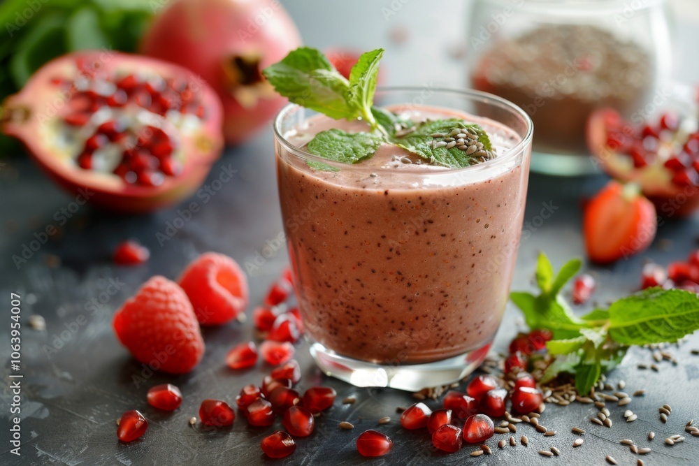 Pomegranate berry and flaxseed smoothing on countertop Pomegranate berry and flaxseed smoothing on countertop