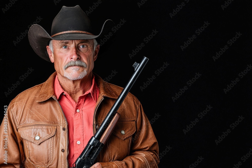 A rough-looking old cowboy with gray beard and a brown hat is holding a rucksack