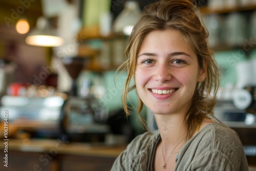 Portrait of a young smiling woman in a cafe