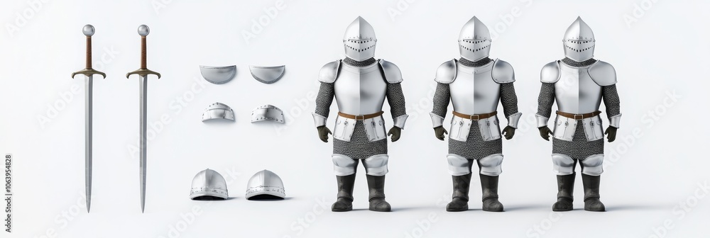 Naklejka premium An old metal knight's armour is rendered on a white background from different angles.