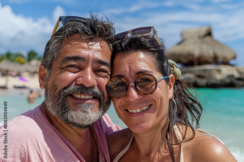 Smiling portrait of a middle aged Hispanic couple on vacation at beach Smiling portrait of a middle aged Hispanic couple on vacation at beach