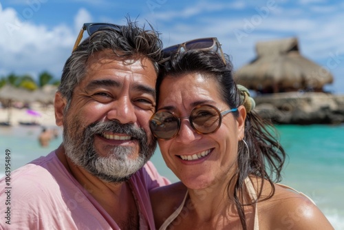 Smiling portrait of a middle aged Hispanic couple on vacation at beach