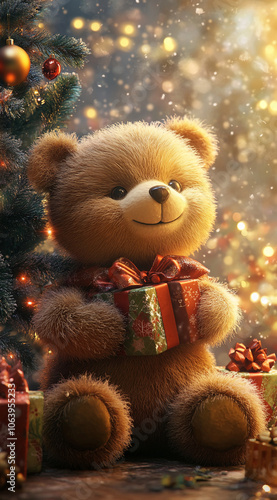 A brown teddy bear sits under a Christmas tree, holding a wrapped gift. The bear has a happy expression, and the background is decorated with festive lights and falling snow