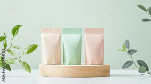 Three herbal tea packaging bags in pastel colors on wooden stand, surrounded by green leaves, creating calming and natural atmosphere