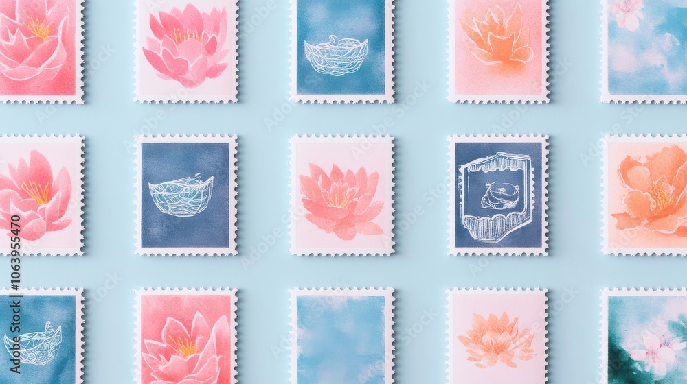 Colorful Graphic of Stamp Designs Featuring Lotus Flowers Colorful Graphic of Stamp Designs Featuring Lotus Flowers