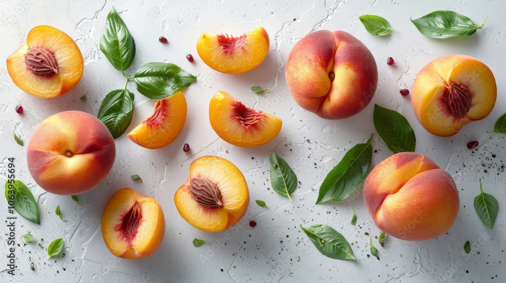 peaches whole and pieces with leaves peaches whole and pieces with leaves