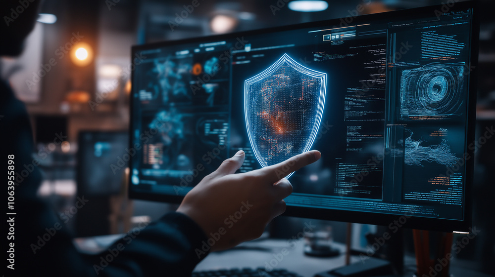 A person holding a digital shield hologram in front of a computer screen A person holding a digital shield hologram in front of a computer screen