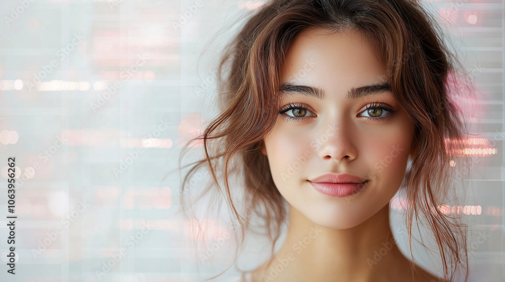 Young woman smiling with soft makeup against a pastel background Young woman smiling with soft makeup against a pastel background