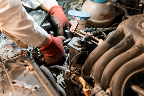 Mechanic Performing Engine Repairs in a Well-Worn Car Engine Bay