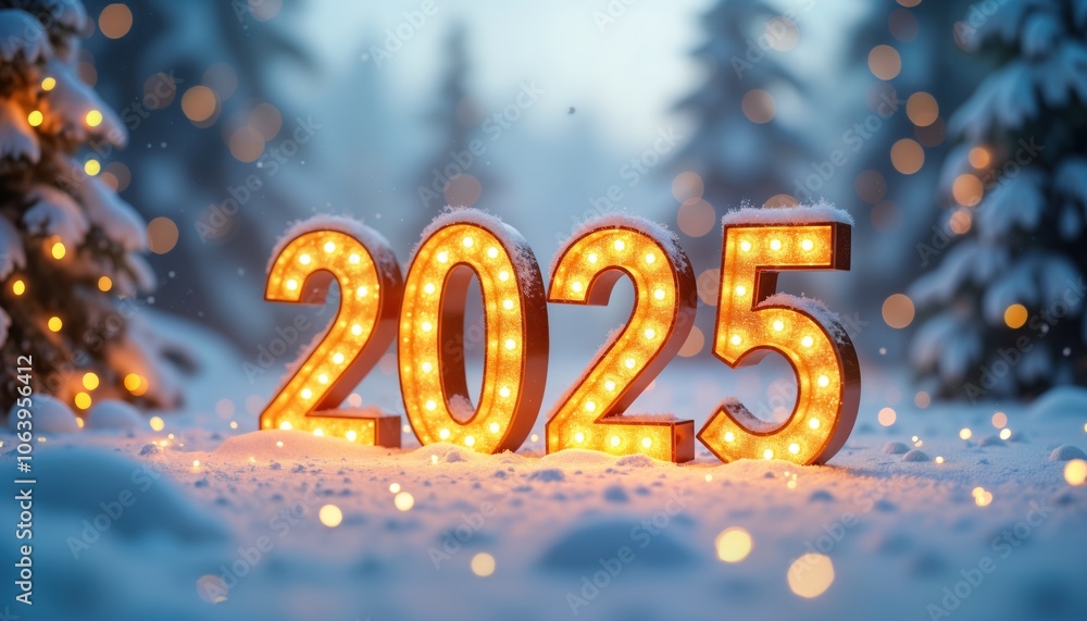 Snowy landscape under clear blue sky with large number 2025 in bold white letters at bottom. Green trees with foliage in top left corner provide natural backdrop to numeric message. Glittering Snowy landscape under clear blue sky with large number 2025 in bold white letters at bottom. Green trees with foliage in top left corner provide natural backdrop to numeric message. Glittering