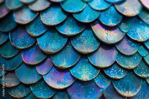 Wallpaper Mural Close-up of glittering fish scales with shades of blue, purple, and green, featuring metallic highlights and a textured, sparkling surface that creates a magical, fantasy-inspired appearance Torontodigital.ca