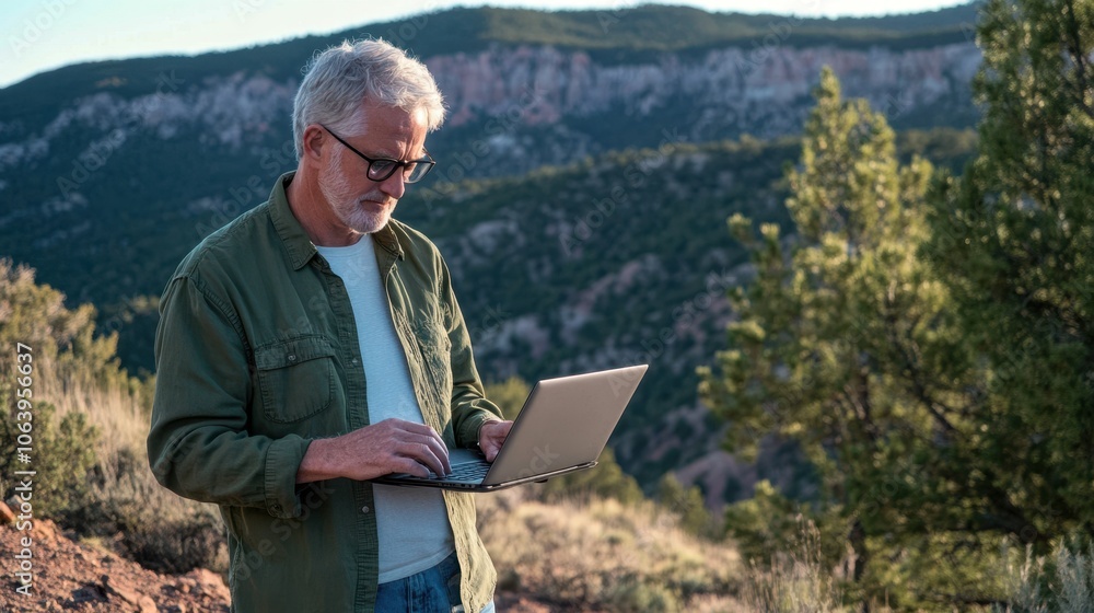 Fototapeta premium The Man with Laptop Outdoors