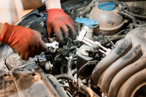 Mechanic Working on Car Engine with Tools