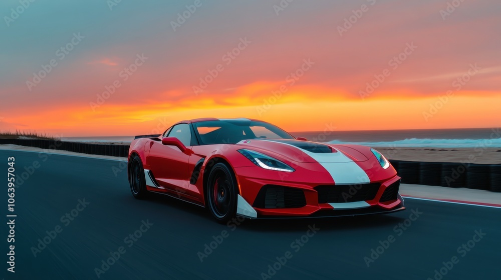 Naklejka premium Striking Red and White Sports Car at Sunset