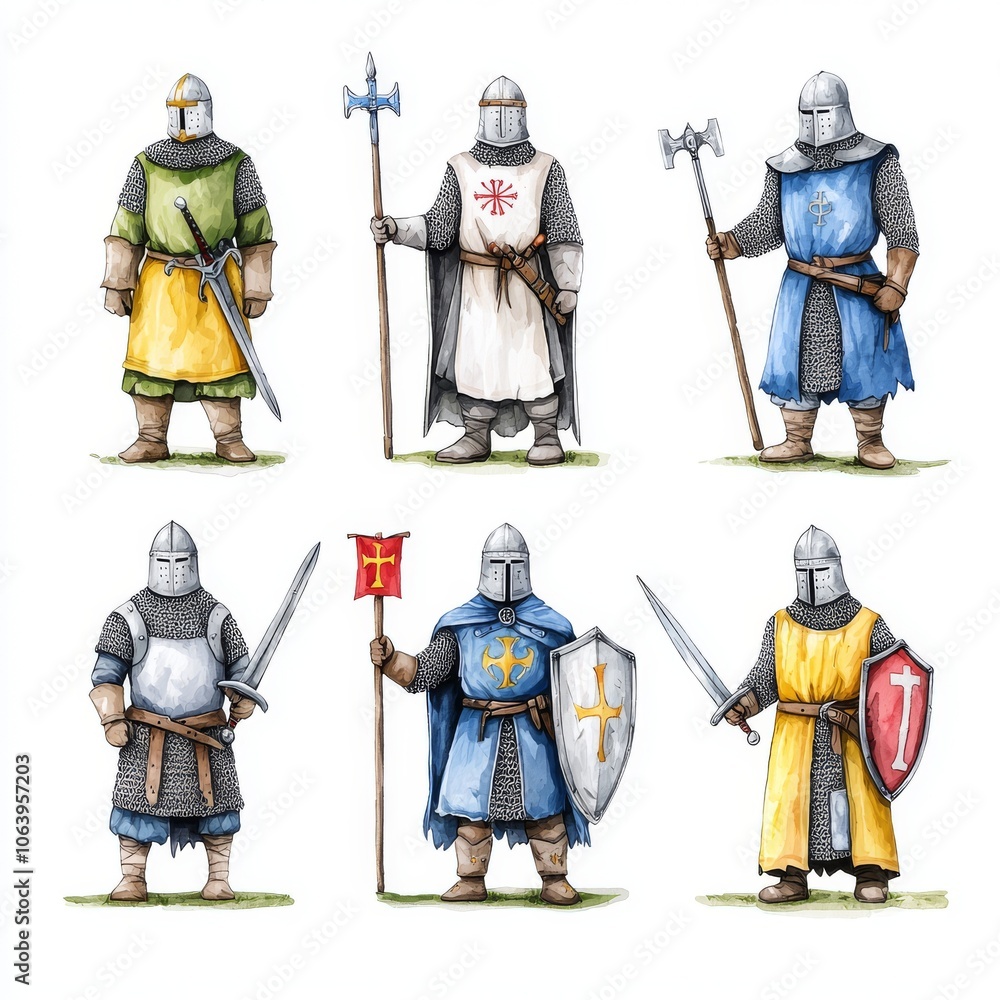 Fototapeta premium Detailed illustration of medieval knights and crusaders. Historical colored pencil drawing.