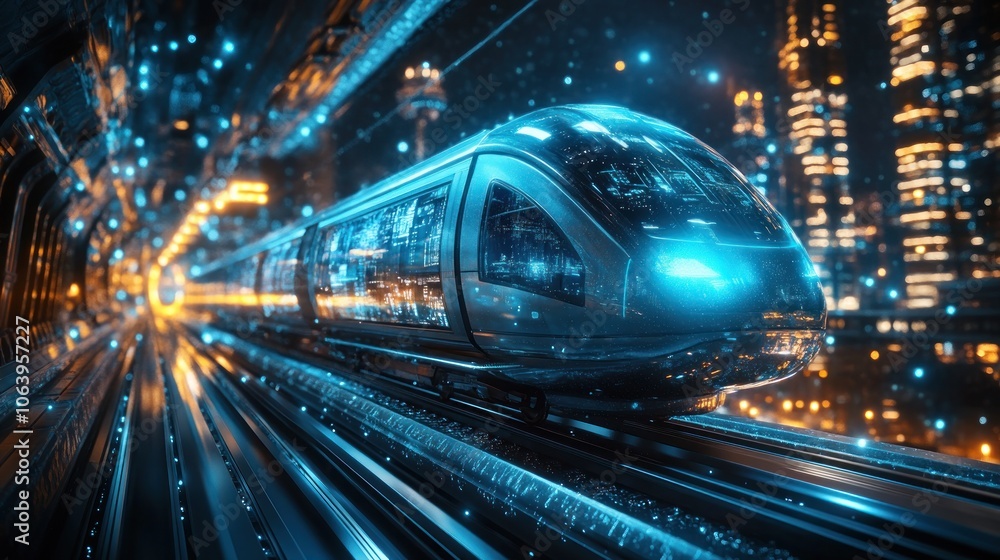 Futuristic blue hologram train floating above neon-lit city Futuristic blue hologram train floating above neon-lit city