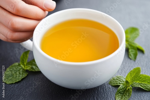 Close-up of a hand holding a white cup of herbal tea with fresh mint leaves on a dark background.