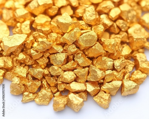 Close-up of a pile of shiny gold nuggets on a white background.