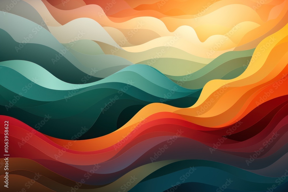 Abstract waves in warm and cool tones create a vibrant, flowing landscape. Abstract waves in warm and cool tones create a vibrant, flowing landscape.