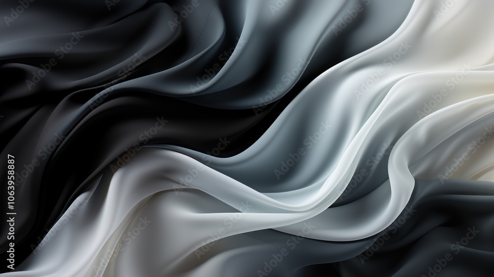 A flowing fabric design featuring waves of black, gray, and white silk textures. A flowing fabric design featuring waves of black, gray, and white silk textures.