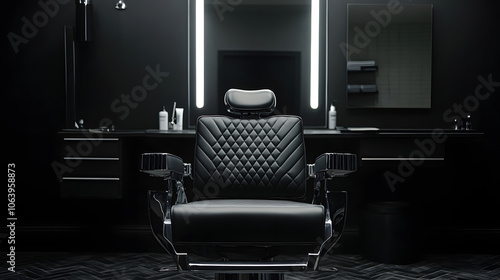 stylish black leather barber chair in front of the mirror in the dark interior of the hairdressing salon : highlighted by white, png